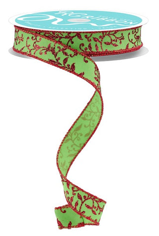 RIBBON | 5/8"X10YD | GLITTER MINI LEAVES VINES ROYAL | LIME GREEN/RED | RGF1393W1