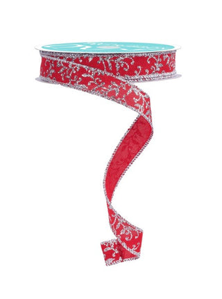 RIBBON | 5/8"X10YD | GLITTER MINI LEAVES VINES ROYAL | RED/SILVER | RGF1394E2