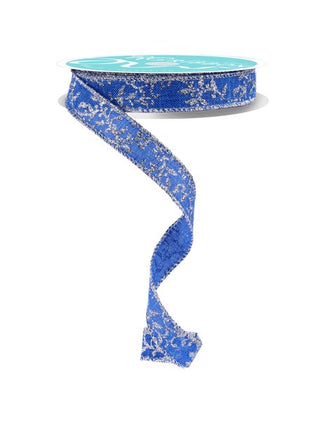 RIBBON | 5/8"X10YD | GLITTER MINI LEAVES VINES ROYAL | ROYAL BLUE/SILVER | RGF13956W