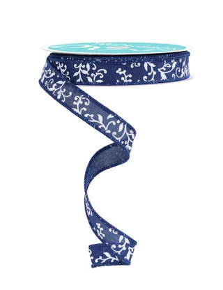 RIBBON | 5/8"X10YD | GLITTER MINI LEAVES VINES ROYAL | NAVY BLUE/WHITE/SILVER | RGF1396TR