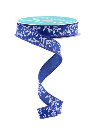 RIBBON | 5/8"X10YD | GLITTER MINI LEAVES VINES ROYAL | ROYAL BLUE/WHITE/SILVER | RGF1396WR