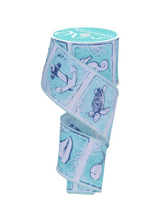 RIBBON | 2.5"X10YD | COASTAL PATTERN | BOATS/SHELLS/NAUTICAL | WHITE/BLUE/TURQUOISE | RGF141103