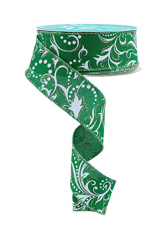 RIBBON | 1.5"X10YD | LEAF FILAGREE W/DOTS | EMERALD/WHITE/CHAMPAGNE | RGF144606