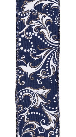 RIBBON | 2.5"X10YD | LEAF FILAGREE W/DOTS | NAVY BLUE/WHITE/CHAMPAGNE | RGF144719