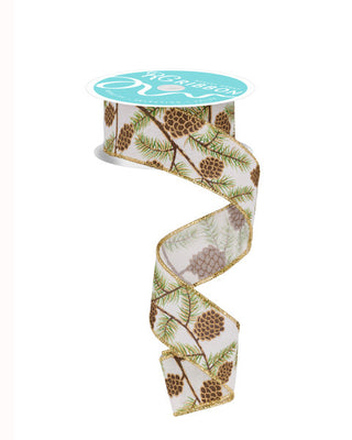 RIBBON | 1.5"X10YD | PINECONE/BRANCH | IVORY/GREEN/BROWN/GOLD | RGF145830