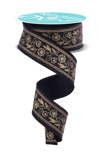 RIBBON | 1.5"X10YD | EMBROIDERED LOOK FLORALS | BLACK/GOLD | RGF156502