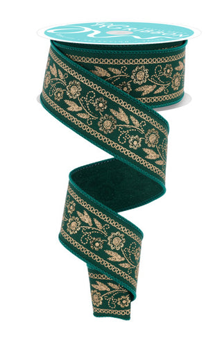 RIBBON | 1.5"X10YD | EMBROIDERED LOOK FLORALS | HUNTER GREEN/GOLD | RGF156512