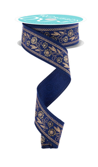 RIBBON | 1.5"X10YD | EMBROIDERED LOOK FLORALS |  NAVY BLUE/GOLD | RGF156519