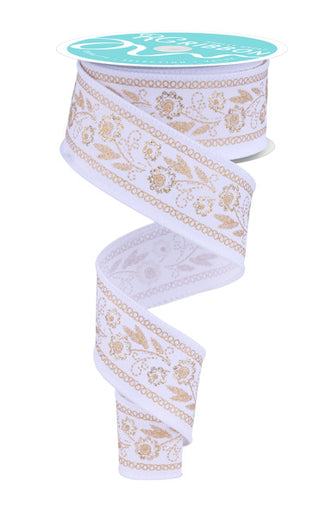 RIBBON | 1.5"X10YD | EMBROIDERED LOOK FLORALS | WHITE/GOLD | RGF156527