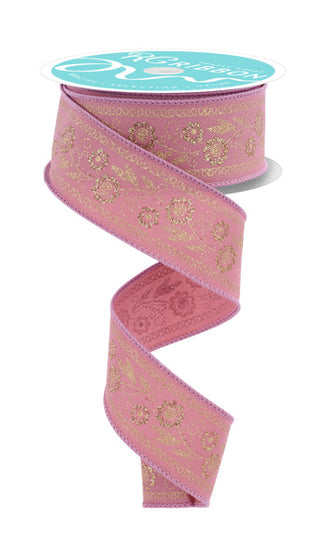 RIBBON | 1.5"X10YD | EMBROIDERED LOOK FLORALS | DUSTY ROSE/GOLD | RGF1565EH