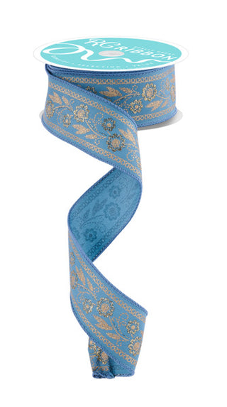 RIBBON | 1.5"X10YD | EMBROIDERED LOOK FLORALS | SMOKE BLUE/GOLD | RGF1565H5