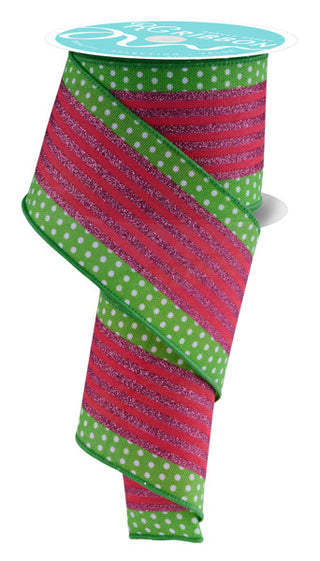 RIBBON | 2.5"X10YD | VERTICAL STRIPE/POLKA DOT EDGE | WHITE/GREEN/BRT RED/PINK | RGF156609