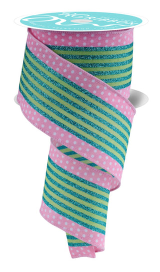 RIBBON | 2.5"X10YD | VERTICAL STRIPE/POLKA DOT EDGE | WHITE/PINK/GREEN/TEAL | RGF156615