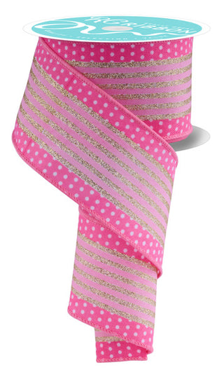 RIBBON | 2.5"X10YD | VERTICAL STRIPE/POLKA DOT EDGE | WHITE/MULTI PINK/GOLD | RGF156622