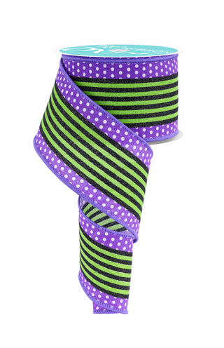 RIBBON | 2.5"X10YD | VERTICAL STRIPE/POLKA DOT EDGE | WHITE/PURPLE/LIME GREEN/BLACK | RGF156623