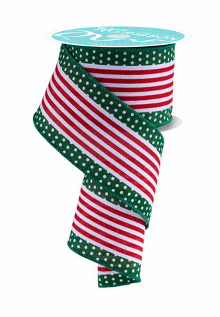 RIBBON | 2.5"X10YD | VERTICAL STRIPE/POLKA DOT EDGE | WHITE/EMERALD GREEN/RED  | RGF156706