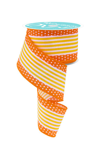 RIBBON | 2.5"X10YD | VERTICAL STRIPE/POLKA DOT EDGE | WHITE/ORANGE/YELLOW | RGF156720