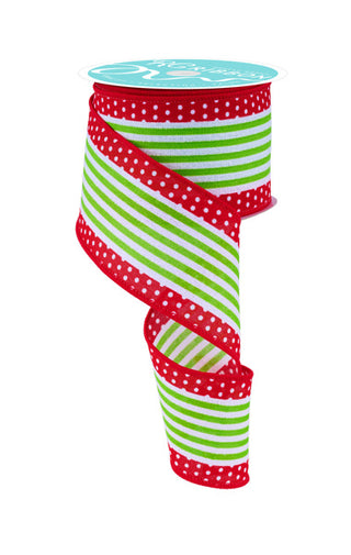 RIBBON | 2.5"X10YD | VERTICAL STRIPE/POLKA DOT EDGE | WHITE/RED/LIME GREEN | RGF156724