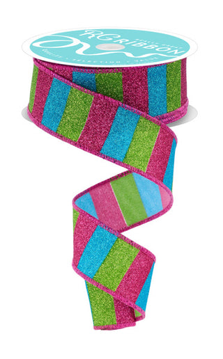 RIBBON | 1.5" X 10YD HORIZONTAL GLITTER STRIPES | HOT PINK/LIME/TURQ | RGF1618YA