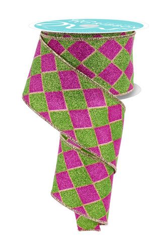 RIBBON | 2.5"X10YD GLITTER HARLEQUIN | GREEN/HOT PINK/GOLD | RGF1621HE