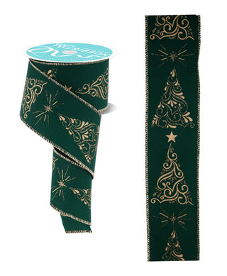 RIBBON | 2.5"X10YD | METALLIC SWIRL TREES | HUNTER GREEN/GOLD |  RGF162312