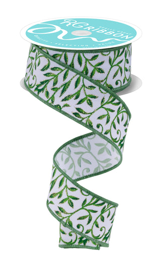 RIBBON | 1.5"X10YD | TONAL LEAVES| WHITE/GOLD/GREEN | RGF183127