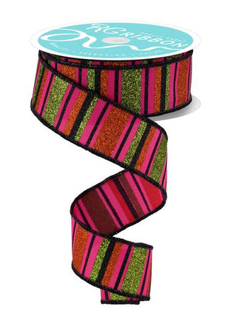 RIBBON | 1.5"X10YD | HORIZONTAL STRIPE GLITTER | HOT PINK/LIME/OR/BLACK | RGF191211