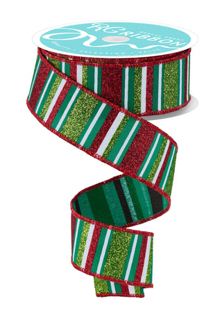 RIBBON | 1.5"X10YD | HORIZONTAL STRIPE GLITTER | White/Red/Emrld/Lime | RGF191806
