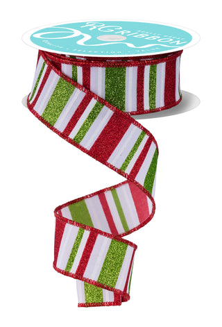 RIBBON | 1.5"X10YD | HORIZONTAL STRIPE GLITTER | White/Red/Lime | RGF1918T9
