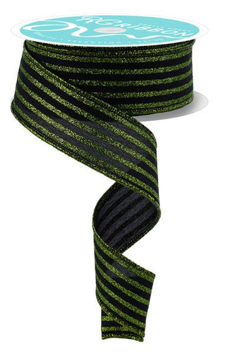 RIBBON | 1.5"X10YD GLITTER VERTICAL STRIPE | BLACK/LIME GREEN | RGF1970YT - Unique in the Creek LTD