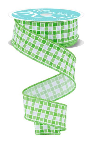 RIBBON | 1.5"X10YD SMALL CHECK/FOAM LINES | WHITE/GREENS | RGH117709