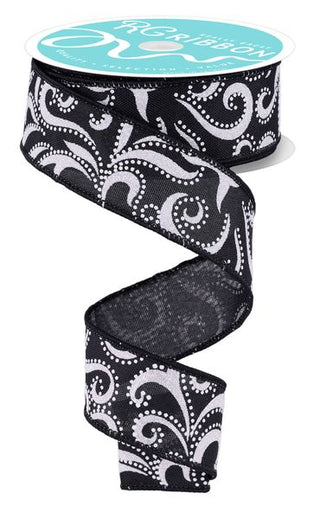 RIBBON | 1.5"X10YD SWIRLS/DOTS | BLACK/WHITE | RGH128402