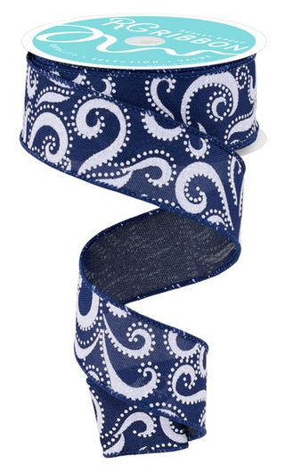 RIBBON | 1.5"X10YD SWIRLS/DOTS | BLUE/WHITE | RGH128419