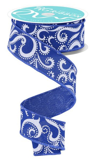 RIBBON | 1.5"X10YD SWIRLS/DOTS | ROYAL BLUE/WHITE | RGH128425