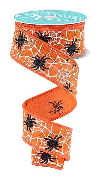 RIBBON | 1.5"X10YD | GLITTER SPIDER WEBS ON ROYAL | ORANGE/BLACK/WHITE | RGH138520