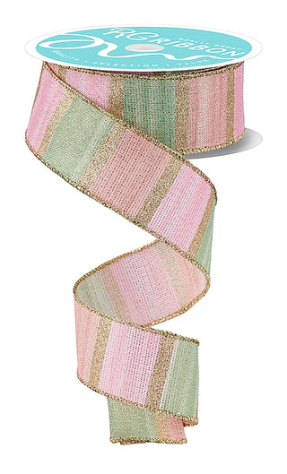 RIBBON | 1.5"X10YD | WATERCOLOR STRIPES/METALLIC | WHT/PEACH/SAGE/PINK/GLD | RGH1393MR