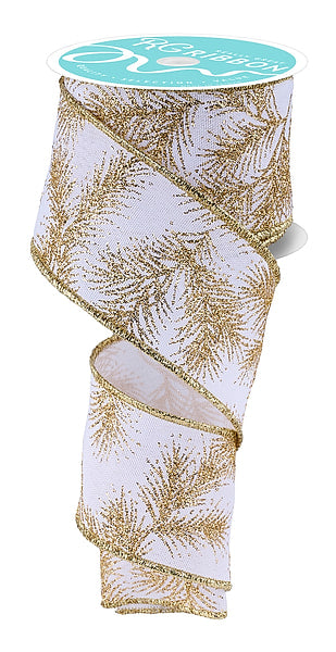 RIBBON | 2.5" x 10yd Glitter Pine | WHITE/GOLD | RGH1406C6
