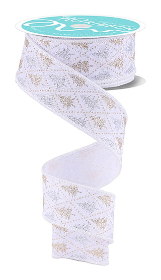 RIBBON | 1.5"X10YD | GLITTER TREES/HARLEQUIN | WHITE/SILVER/GOLD | RGH141492