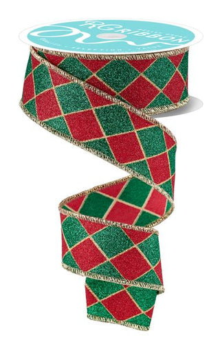 RIBBON | 1.5"X10YD | GLITTER HARLEQUIN | RED/GOLD/GRN | RGH14214W