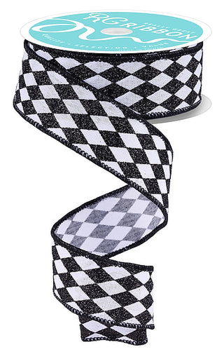 RIBBON | 1.5"X10YD | GLITTER HARLEQUIN | WHITE/BLACK | RGH1440L6