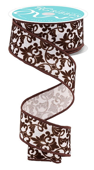 RIBBON | 1.5" x 10yd | Flock Damask | Cream/Brown| RGH1540C2