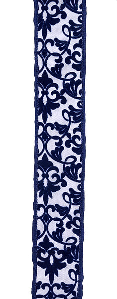 RIBBON | 1.5" x 10yd | Flock Damask | WHITE/NAVY BLUE | RGH1540N9