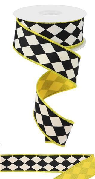 RIBBON | 1.5"X10YD HARLEQUIN/ROYAL FUSED BACK | WHITE/BLACK/SUN YELLOW | RGX00108N