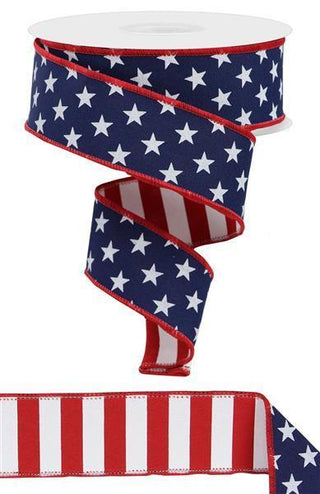 RIBBON | 1.5"X10YD | STARS/STRIPES FUSED BACK | DOUBLE SIDED | NAVY BLUE/RED/WHITE | PATRIOTIC | RGX005619