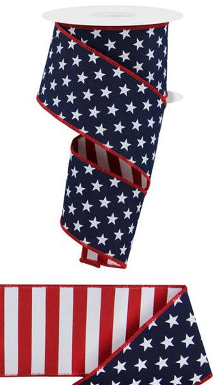 RIBBON | 2.5"X10YD | STARS/STRIPES FUSED BACK | DOUBLE SIDED | NAVY BLUE/RED/WHITE | PATRIOTIC | RGX005719