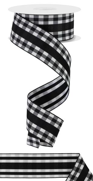 RIBBON | 1.5" x 10yd Mini Gingham W/Center Stripe| BLACK/WHITE | DOUBLE SIDED | RW810802