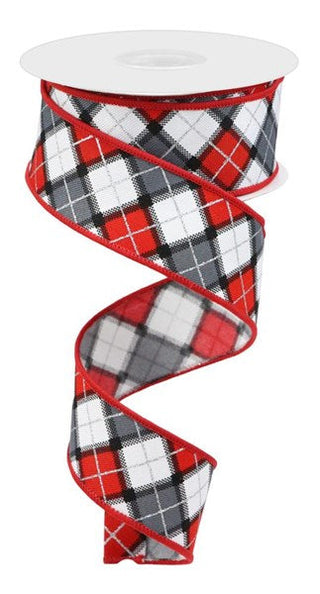 RIBBON | 1.5 "X 10YD | DIAGONAL CHECK| WHITE/RED/GREY| RW81851X