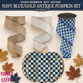 MATCHING SIGN/RIBBON SET | ANTIQUE CHECKERED PUMPKIN SET | NAVY BLUE/GOLD/CREAM | SET057NB-26CAN