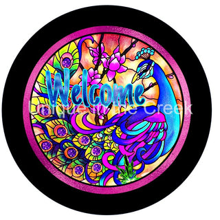 VINYL DECAL | WELCOME | PEACOCK | COLORFUL | EVERYDAY | STAIN GLASS