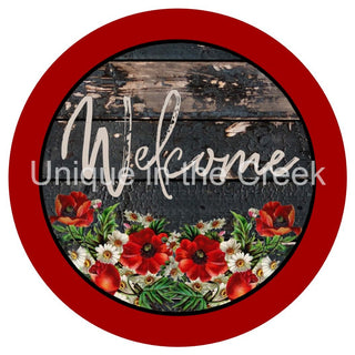 VINYL DECAL | WELCOME | RUSTIC WOOD | RED & WHITE FLOWERS | EVERYDAY